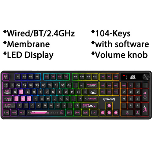 Redragon RM104 PRO (Black-Pink) Wireless Tri-Mode Membrane Keyboard (K526BP-PRO)
