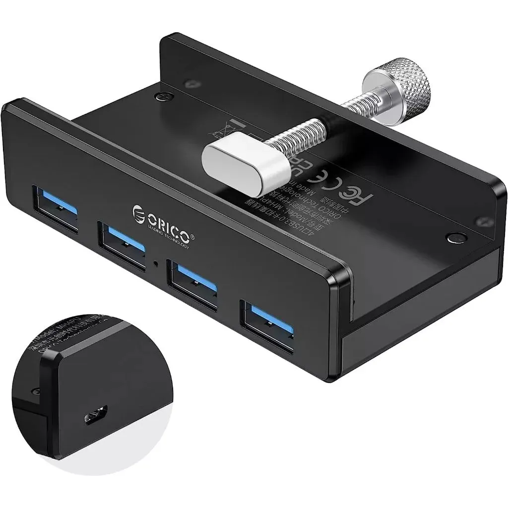 ORICO 4-Port USB Clip Hub 3.0 (Black) w/ Power Port